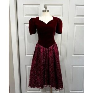 Vintage 80s Prom Formal Dress Eve Bayer Burgundy Red Gold Velvet Lace Sz 6 S/M